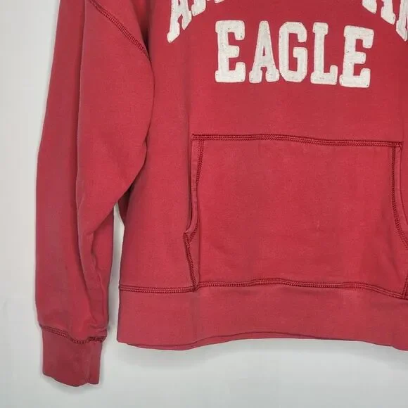 American Eagle Y2K Red White Spell Out Cozy Heavy Hooded Sweatshirt Pocket - Picture 4 of 13